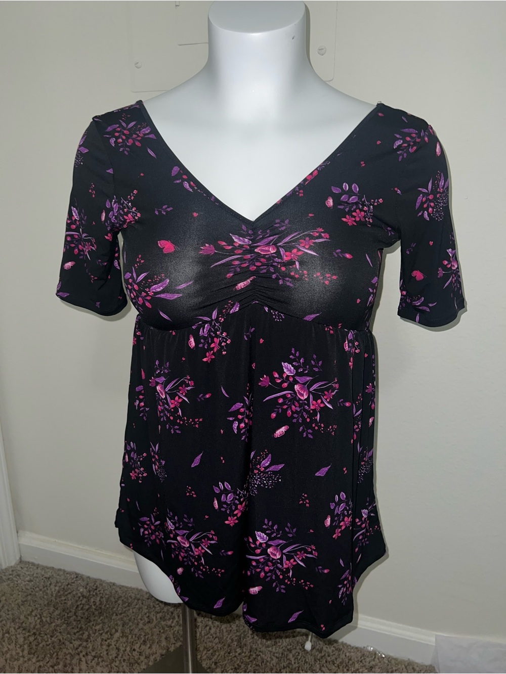 Torrid Black V-Neck Tunic with Pink & Purple Floral Print